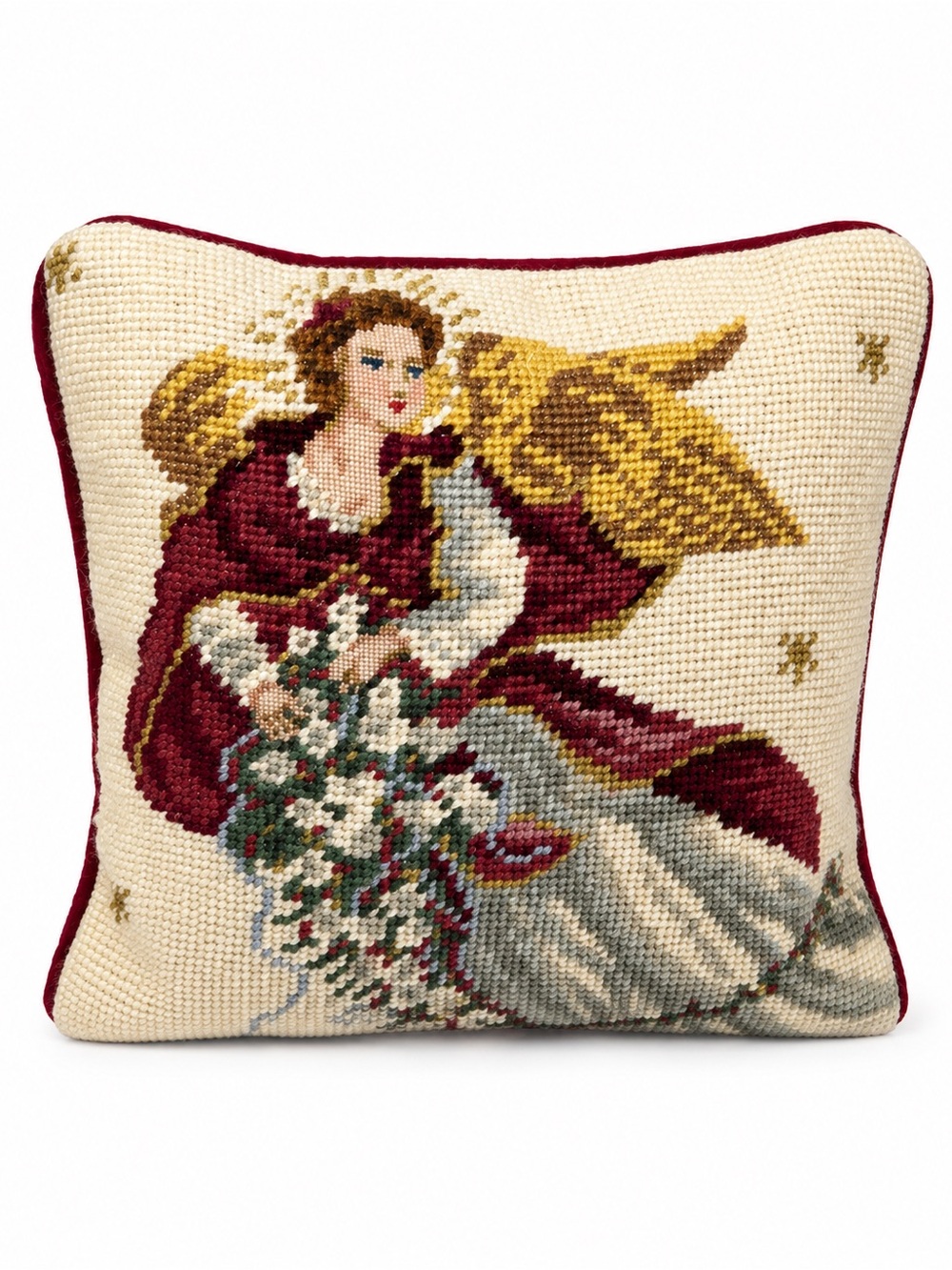 Vintage Christmas Angel Needlepoint Pillow Red Velvet Back Holiday Decor